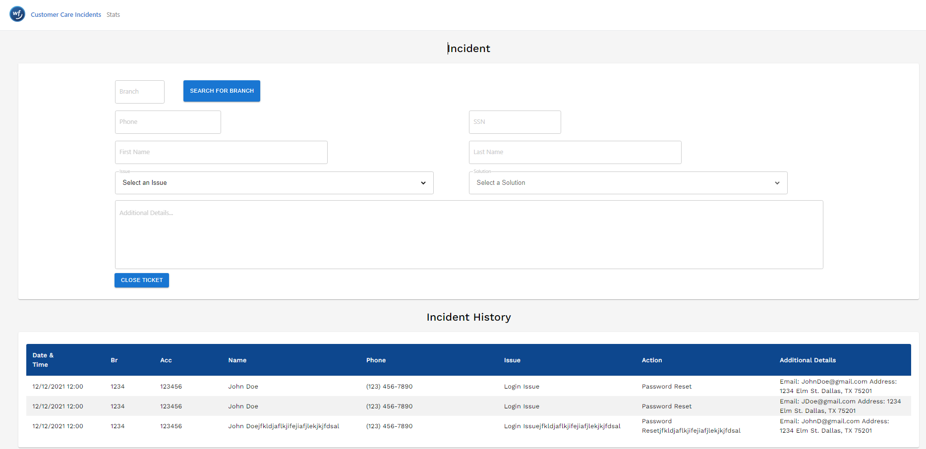 Customer Care Incidents